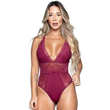 Imagem de Body Feminino Bella Fiore Modas Sem Bojo Com Renda Decote Profundo E Costa Cruzada Tamanho:P;Cor:Vermelho Escuro