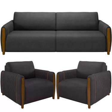 Imagem de Kit Sofá 2 Lugares Sala Estar 168cm Com 02 Poltronas Flora Pés Madeira