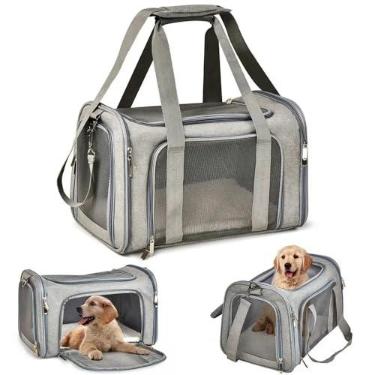 Imagem de Bolsa De Transporte Pet 44x32x30cm Cinza para Viagens Avião Cabine Carro Cães E Gatos