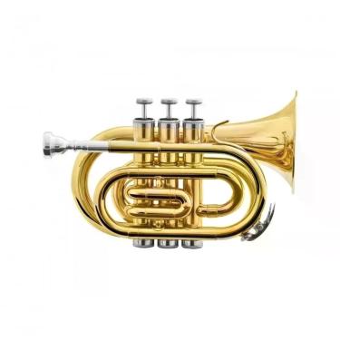 Imagem de Trompete Pocket HMT-500L Bb com 3 Pistões em Cuproníquel e Campana 104MM Laqueado Dourado Harmonics