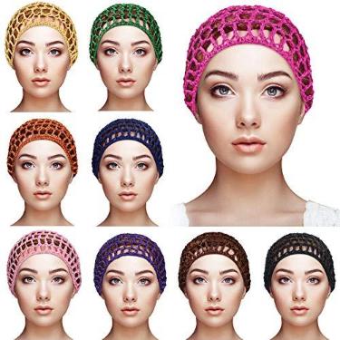 Imagem de 9 peças de malha de crochê, rede de cabelo de crochê, touca de seda de raiom, chapéu grosso e curto feminino com cobertura de soneca (preto, verde, cáqui, rosa vermelho, marrom claro, rosa, roxo, laranja, azul marinho)