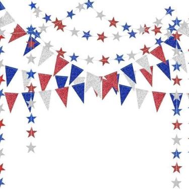 Imagem de Decor365 Kit de bandeiras de triângulo vermelho azul branco/prata Star Garland para pendurar em festa, festa de aniversário, casamento, casa, casa