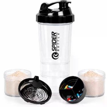 Imagem de Coqueteleira Fitness Shakeira 3 Compartimento Doses Porta Comprimido Plástico Resistente Misturador Integrado 500ML Yeet