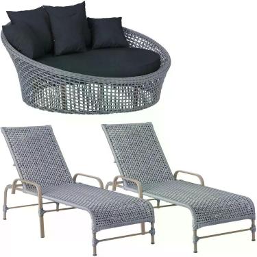 Imagem de Kit Chaise Hungria E Espreguiçadeiras Catar Trama Original Prata