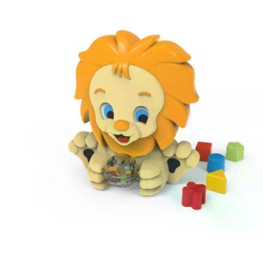 Imagem de Brinquedo Didático Amigo Leão com Formas Geométricas para Encaixar e Esfera Giratória com Sons Amarelo Tateti Brinquedos