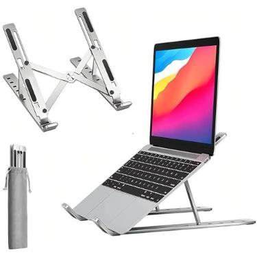 Imagem de Suporte De Alumínio Para Notebook Base Compatível Celular Tablet Ajustável Com 6 Ângulos Portátil E Ergonômico Dobrável Resistente Premium