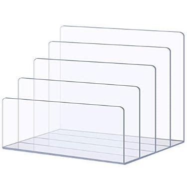 Imagem de Organizador de arquivos para mesa, organizador de correio, suporte de arquivo Sooyee com 4 seções para home office, organizador de livros, organizador de acrílico para cartas, documentos, cadernos, pastas, bolsa, paleta, transparente