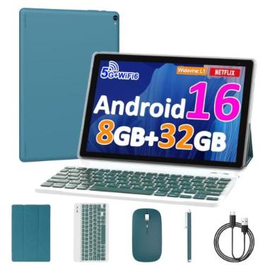Imagem de Tablet Android 15 de 10 polegadas, 8 GB de RAM, 32 GB ROM, CPU quad-core potente, tela de resolução de 1280 x 800, câmera de 8 MP, bateria de 6000 mAh, tablets 2 em 1 com teclado, capa, mouse, laptop