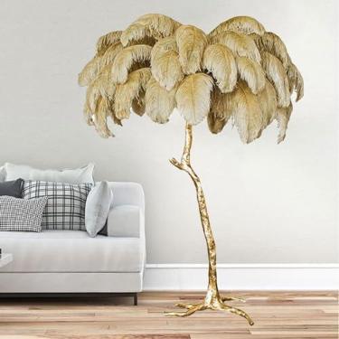 Imagem de Luminária de chão moderna para decoração de sala de estar e quarto, luminária de chão de penas de avestruz com abajur dourado corpo alto luz de pé para sala de estar, decoração de escritório em casa