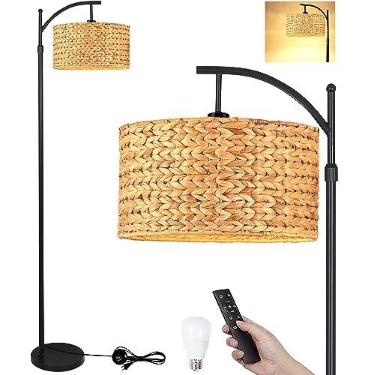 Imagem de QIYIZM Luminária de chão para sala de estar, quarto, casa de fazenda, arco de vime, boho, lâmpada de pé com controle remoto, regulável, lâmpada de bambu em vime preto, abajur, lâmpada alta ajustável,