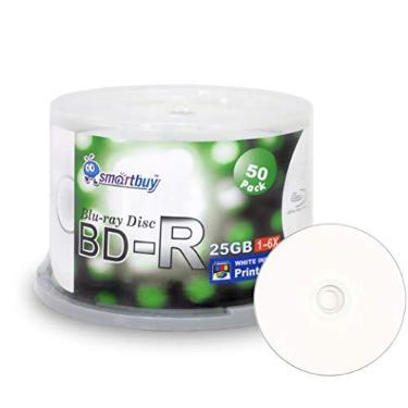 Imagem de Smartbuy 50 discos 25gb 6X Bd-r BDR Branco Inkjet Hub Printable Blank Disc | Disco Blu-ray de mídia de vídeo de camada única Write-Once, superfície branca completa para impressora a jato de tinta