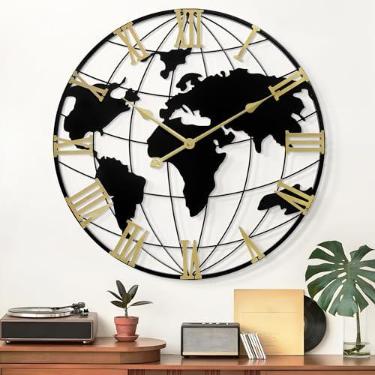 Imagem de LEIKE Relógio de parede grande de 61 cm, mapa-múndi de estilo moderno, relógio grande para decoração de parede de sala de estar, decoração de parede de escritório, silencioso, sem tique-taque para