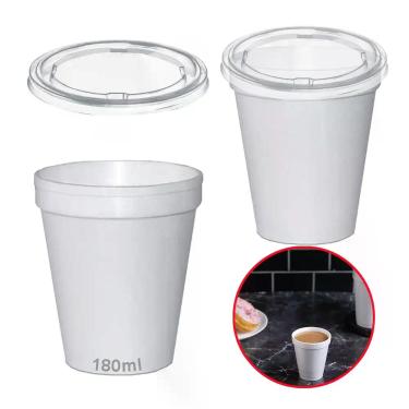 Imagem de 100 Copos Térmico Isopor 180ml C/ Tampa Plástica Cor Branco - Ultra co