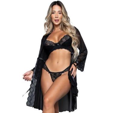 Imagem de Conjunto Lingerie Com Aro Sem bojo e Robe feminino Sexy em Renda e Tul