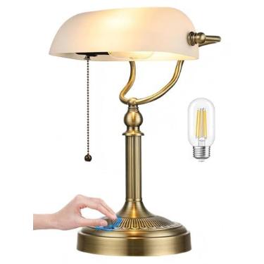 Imagem de Newrays Luminária de mesa de banqueiros de vidro fosco branco, luminária de mesa regulável contínua para estudo, escritório em casa, biblioteca, lâmpada LED incluída