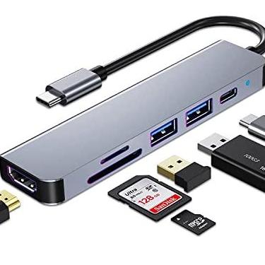 Imagem de KABEWUS HUB USB C Adaptador USB C multiporta para MacBook Pro e acessórios Air HUB 6 em 1 com HDMI 4K USB 3.0 Leitor de cartão SD/TF, PD de 100 W Compatível com laptop e outros dispositivos tipo C