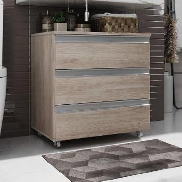 Imagem de Gabinete Banheiro JOIA 60cm Rodinhas Puxador Aluminio Madeirado Inteiro