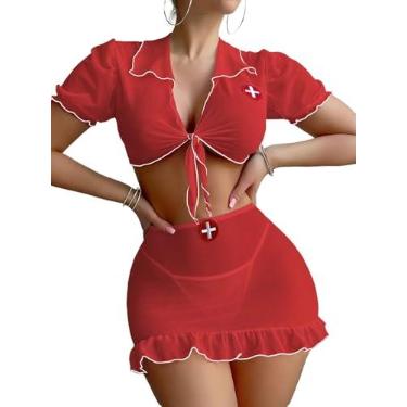 Imagem de Milumia Conjunto de lingerie feminina de enfermeira, 3 peças, sexy, transparente, roupa de fantasia com tanga, Vermelho claro, Small