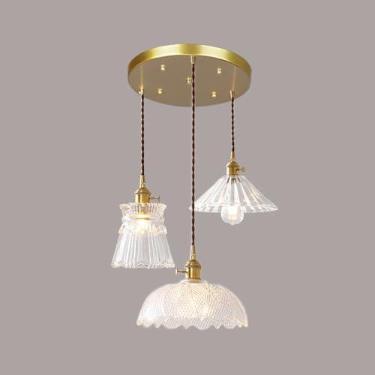 Imagem de 3 Cluster de Luzes Pendentes Dourados Iluminação Redonda Vidro Nervurado Teto Pendente Luz Vintage Fazenda Longa Pendente Lustre Nórdico Moderno Para Sala de Jantar Cozinha Ilha Escada