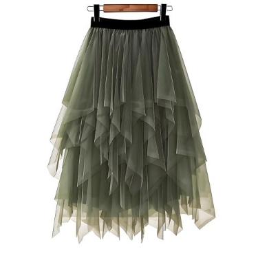 Imagem de LBKKC Saia feminina de tule formal alta baixa assimétrica midi comprimento chá cintura elástica saia tutu, Verde escuro, M-G