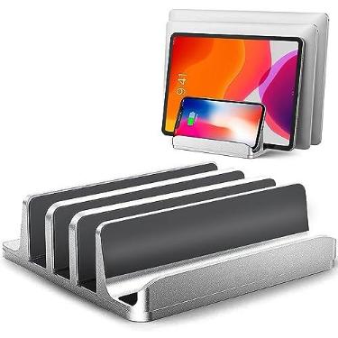Imagem de ARGIGU Suporte vertical para laptop [versão atualizada], suporte de mesa de alumínio com 3 compartimentos para economia de espaço, tamanho de base ajustável, compatível com todos os MacBook/HP/Dell