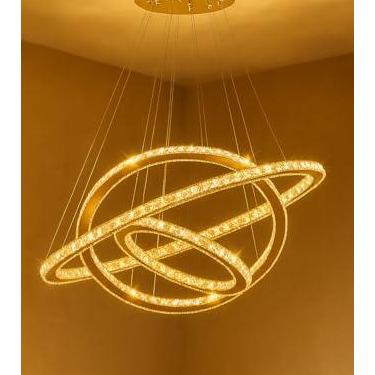 Imagem de Lustre Pendente Cristal K9 Dourado 3 Anéis – LED Integrado 120W com Controle Remoto – Dimerizável, Ajuste de Cor – Ideal para Pé-Direito Alto, Sala de Estar - Jantar - Halls e Escadarias – Bivolt