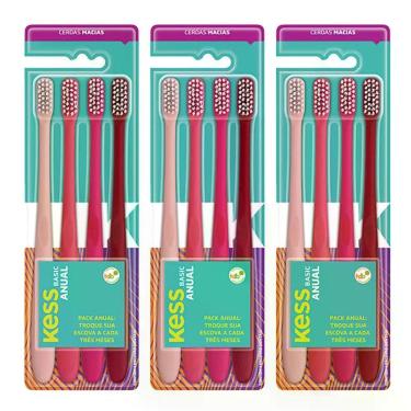 Imagem de Kit Escova de Dente Kess Basic Cerdas Macias Nylon Design Ergonômico Rosa com 12 Unidades