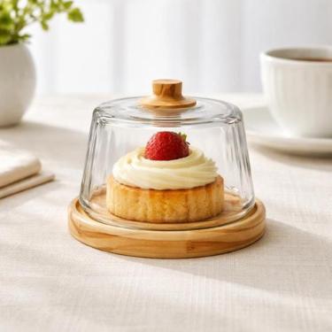 Imagem de Mini Queijeira Cloche Pequena Madeira Vidro Estilo Americano - Luggari