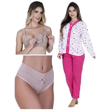 Imagem de Kit maternidade 1 Pijama Longo Aberto De Botão +1 sutiã amamentação +1 calcinha cós pós parto (P (38/40))