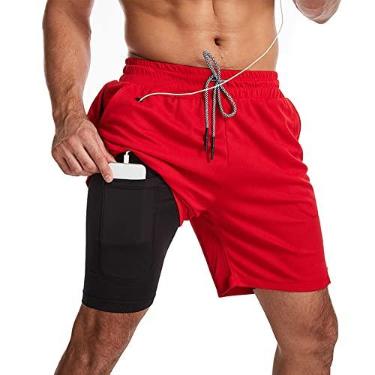 Imagem de Bestgift Bermuda masculina de corrida de camada dupla para basquete, fitness, multifuncional, justa, de secagem rápida, Vermelho, M