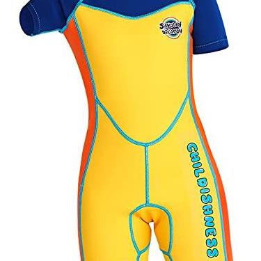 Imagem de Roupa de mergulho infantil para meninos e meninas, manga curta, uma peça, proteção UV, roupa de banho térmica para mergulho, mergulho, natação, 2 a 4 anos, amarelo