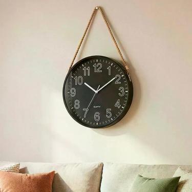Imagem de Relógio Parede Redondo Decorativo Preto Com Alça Corda 25cm