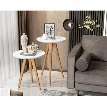 Imagem de Kit 2 Mesas Lateral e Apoio Redonda Sala Retrô Pés Palito cor Branco - JM Casa dos Móveis