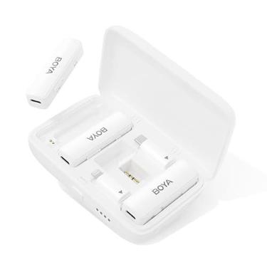 Imagem de Microfone de lapela sem fio BOYALINK, redução de ruído de canal duplo, branco para entrevista de vlog de casamento, estojo de carregamento portátil, Ideal ​​para câmera, iPhone, Android