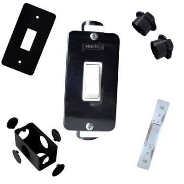 Imagem de KIT Interruptor Simples Branco + Condulete Sobrepor 4/2pol + Placa + Adaptadores 1/2pol (Preto)