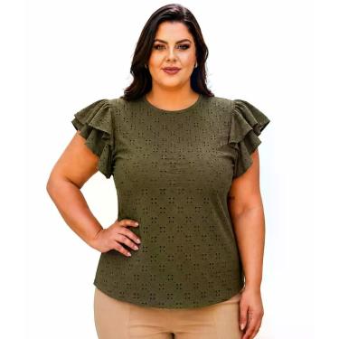 Imagem de Blusa Plus Size Feminina Manga Curta 2 babadinho Lese Elastano - Laran