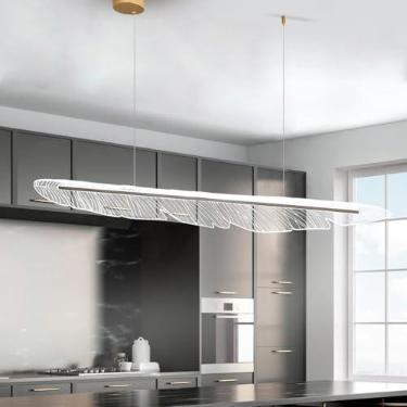 Imagem de Luminária pendente LED moderna, dimerizável de 3000 a 6500K, altura ajustável, ideal para salas de jantar e cozinhas. Design em acrílico em formato de pena. Luminária suspensa com controle r