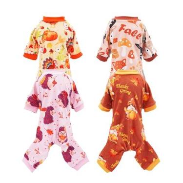 Imagem de PET SHOW Pacote com 4 pijamas de outono para cães pequenos, roupas de Ação de Graças, cachorrinhos, meninas, meninos, Macacões de outono, macacão de cachorro, gatos, macacão com manga, animais de