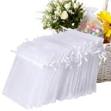 Imagem de Ksheria 100 unidades de sacos de organza, 8 x 10 cm e 10 x 15 cm branco transparente para lembrancinhas, sacos de guloseimas com cordão, bolsa de presente de malha para festa/joias/Natal/festival