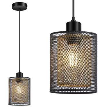 Imagem de Lâmpada Pendente Mesa de Jantar Lâmpada Suspensa com Abajur Duplo de Ferro Preto/Dourado, Lâmpada Suspensa Ajustável em Altura com Suporte de Lâmpada E27, Lâmpada de Teto Vintage Pendurada Lâmpada