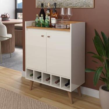 Imagem de Aparador Mini Buffet, 2 Portas, MDF, Off White com Cedro, 89,5 x 67,8 x 33 cm, com Adega