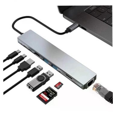 Imagem de Hub USB Type-C 8 em 1 Adaptador Type-C 8x1 com HDMI 4K, LAN, USB 3.0 e Leitor SD Cinza Exbom