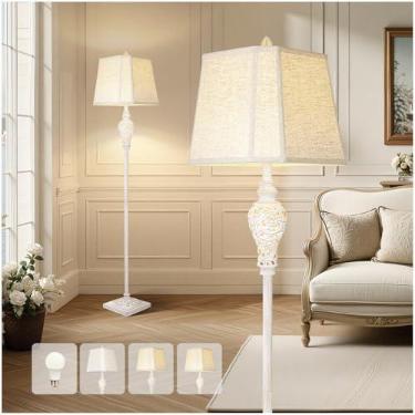Imagem de LuxSight Collection Luminária de chão para sala de estar, luminária de pé vintage com luz noturna, lâmpada de 165 cm de altura com sombra de linho branco, luminária de chão rústica de fazenda para