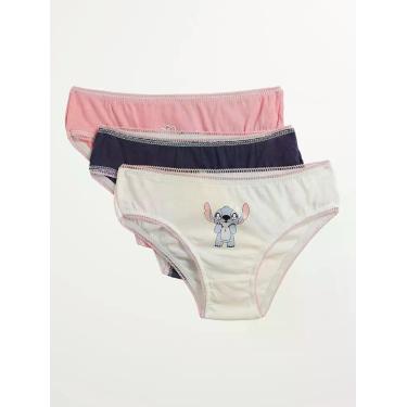 Imagem de Kit com 03 Calcinhas Stitch Infantil Para Menina- ROSA/MARINHO/OFF WHI