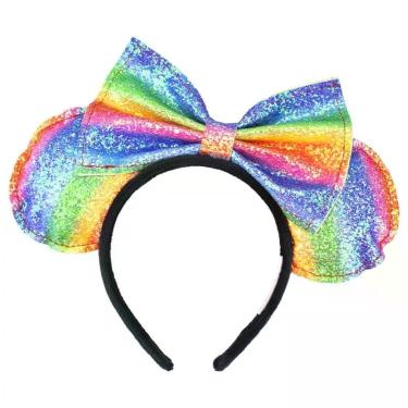 Imagem de Tiara de Cabelo Taimes Laço Orelhas Arco-íris Minnie em Poliéster e Plástico 20cm Infantil