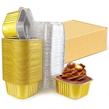Imagem de Mini formas de bolo de 400 ml com tampas, formas quadradas para muffins, copos de alumínio multiuso, copos de sobremesa premium, creme brulee ramekins seguro para forno, pacote com 60