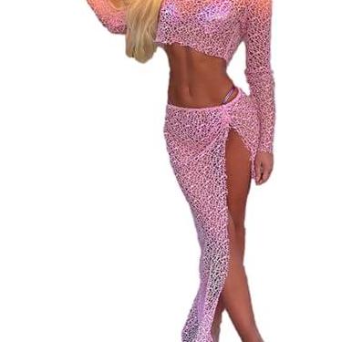 Imagem de Saída de praia feminina de crochê transparente de malha transparente top transparente saída de praia alta dividida conjunto de duas peças, 1 rosa, M