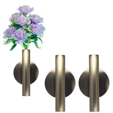 Imagem de Decoração de parede dourada, vaso de parede de plantas, suporte de decoração de tubo de metal usado para exibir flores secas, flores falsas, também adequado para decoração memorial de lápide (2 peças