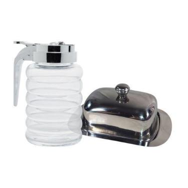 Imagem de Kit Cozinha Café Da Manhã Açucareiro Vidro Manteigueira Inox Mesa Post