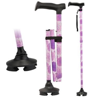 Imagem de NOVA Bengala quádrupla dobrável para homens e mulheres – Bengala ajustável, leve com ponta giratória, base autônoma, bolsa de viagem e 4 pontas extras – bengala dobrável, floral roxo